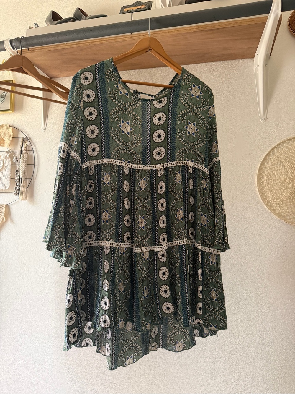 Velzera Olive Green Tiered Boho Long-Sleeve Dress